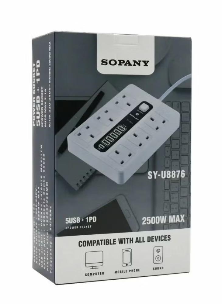 توصيله كهرباء 3 متر sopany سته مدخل +5 منفذ شحن usb موديل sy-u8876