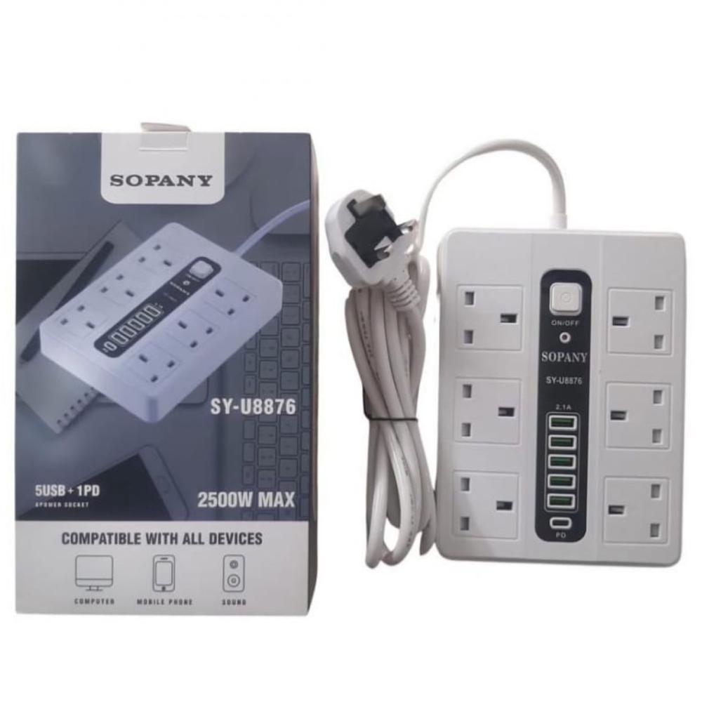 توصيله كهرباء 3 متر sopany سته مدخل +5 منفذ شحن usb موديل sy-u8876