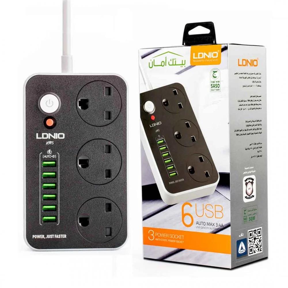 توصيلة كهربائية LDNIO SC3604 5 متر. مقاومة للحريق بثلاثة مقابس و 6 منافذ USB