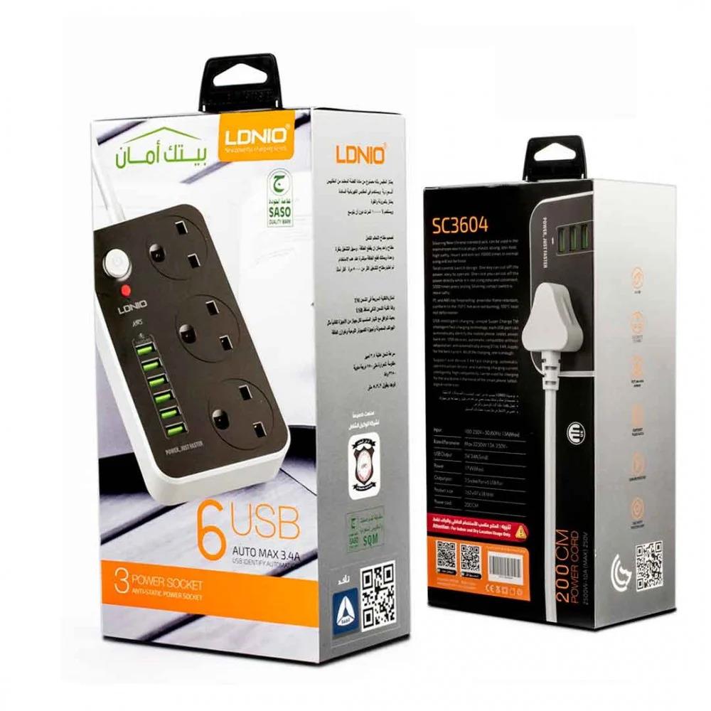 توصيلة كهربائية LDNIO SC3604 5 متر. مقاومة للحريق بثلاثة مقابس و 6 منافذ USB